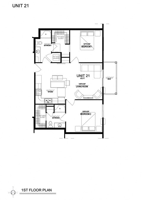 Floor plan for 2 beds, 2 baths, 972 sqft